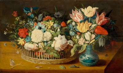 Still Life with Blossoms in a Wicker Basket and Bouquet in a Porcelain Vase by Osias the Elder Beert